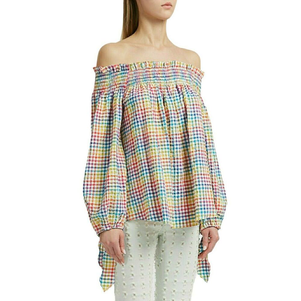 CAROLINE CONSTAS Lou off the shoulder gingham seersucker blouse top in rainbow S - Picture 3 of 7